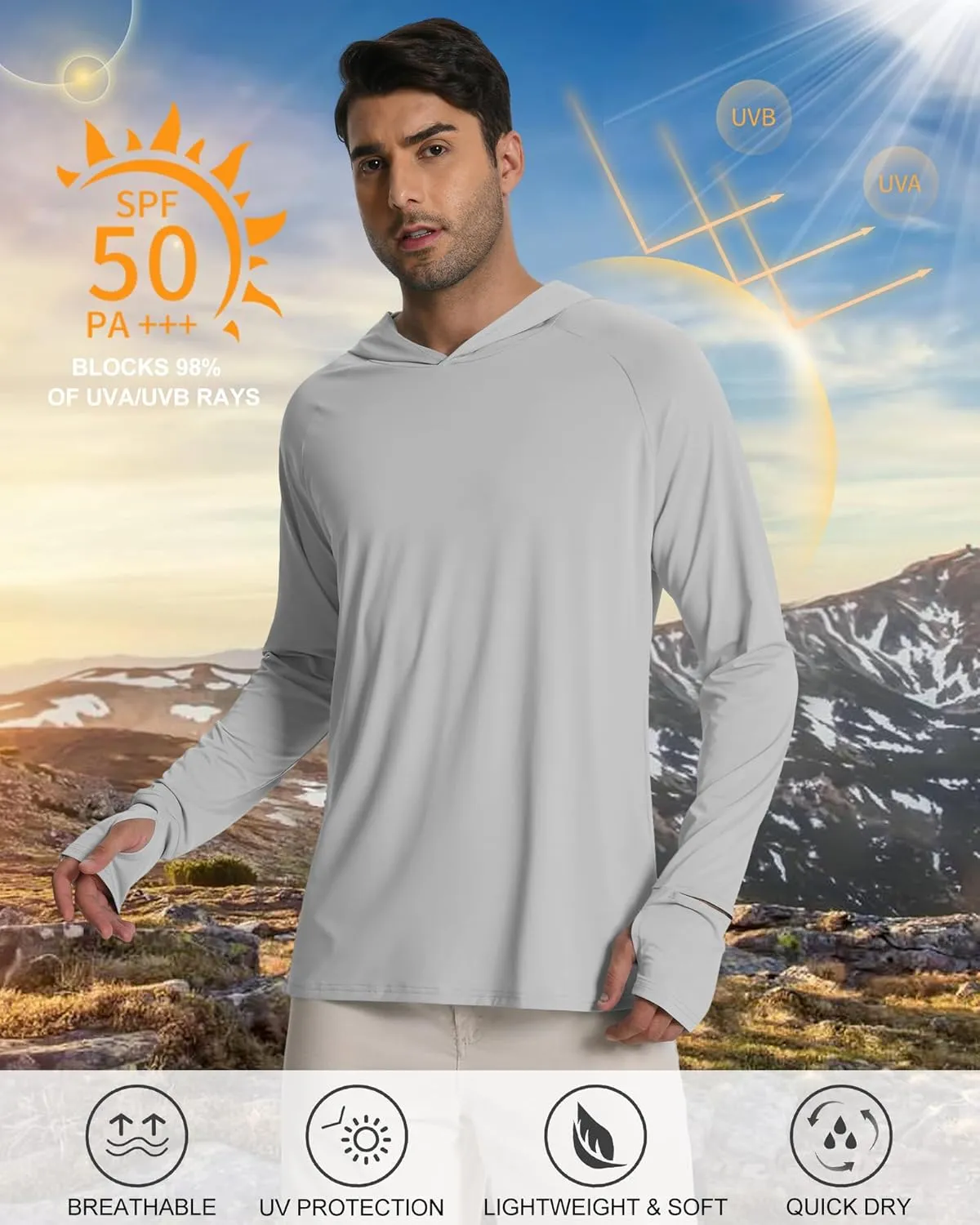 Mens Long Sleeve Fishing Shirts Rash Guard UPF 50  Sun Protection Hoodie Lightweight Quick Dry Beach Swim T-Shirt