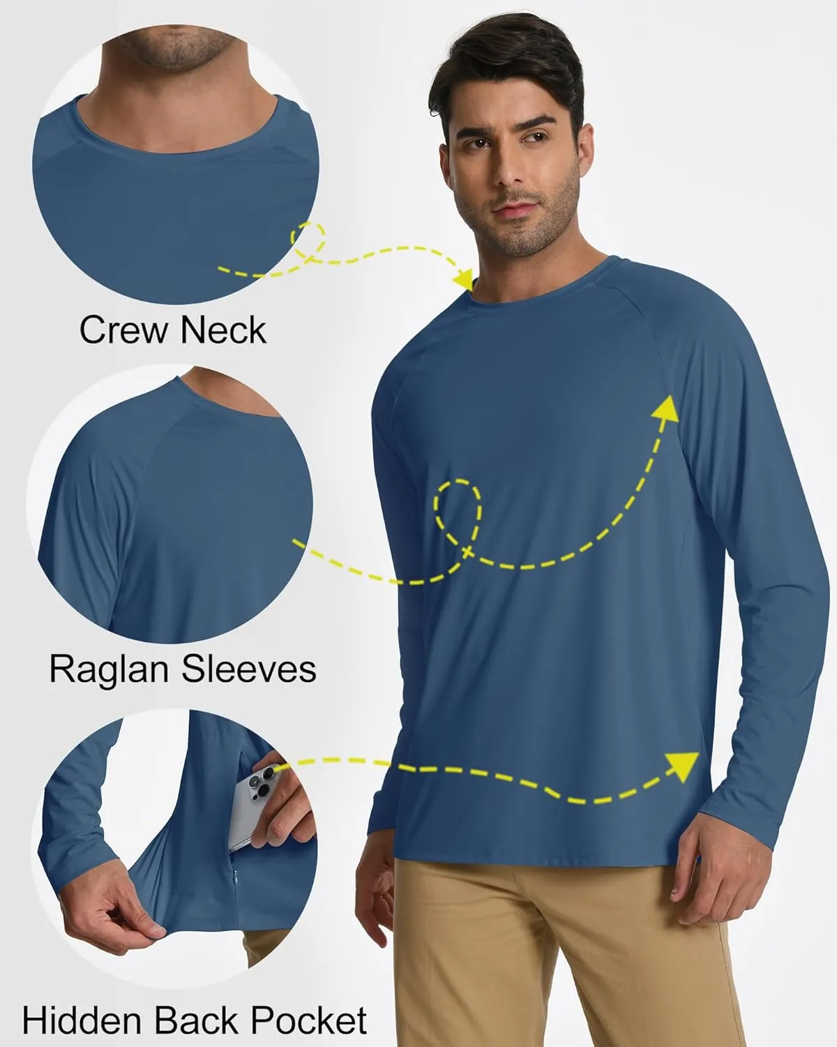 Mens Long Sleeve Fishing Shirts Rash Guard UPF 50  Sun Protection Hoodie Lightweight Quick Dry Beach Swim T-Shirt