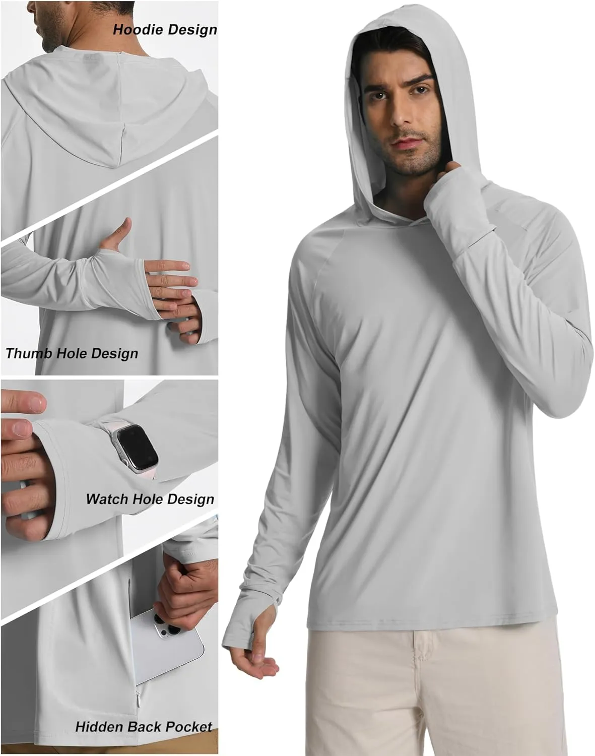 Mens Long Sleeve Fishing Shirts Rash Guard UPF 50  Sun Protection Hoodie Lightweight Quick Dry Beach Swim T-Shirt