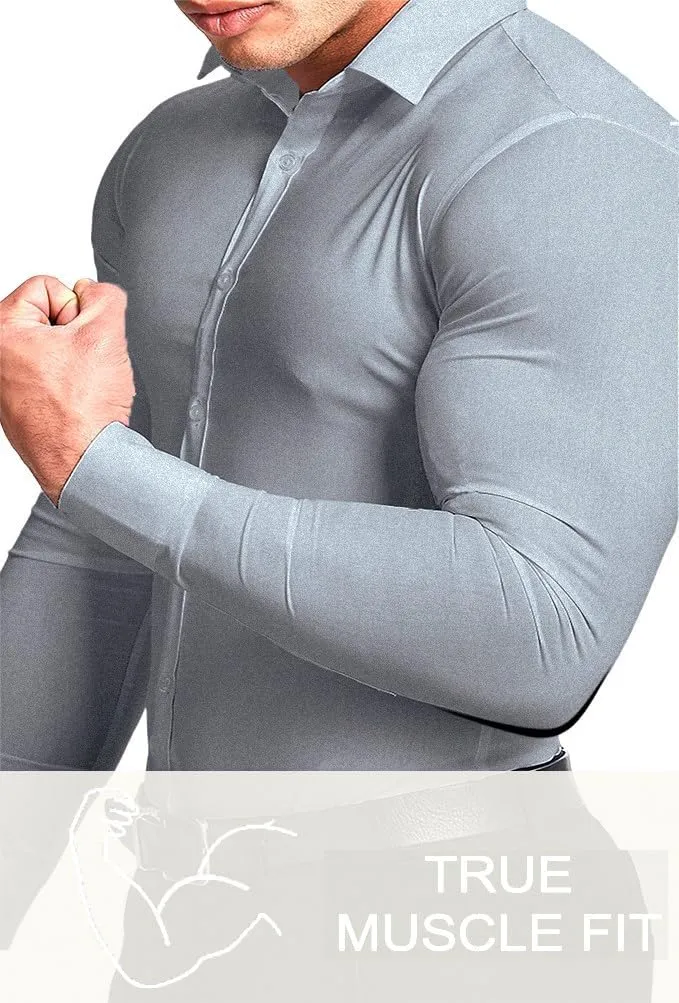 Mens Muscle Fit Dress Shirts Athletic Slim Fit Long Sleeve Stretch Casual Button Down Shirt