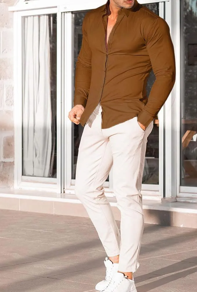 Mens Muscle Fit Dress Shirts Athletic Slim Fit Long Sleeve Stretch Casual Button Down Shirt