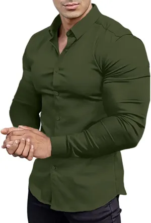 Mens Muscle Fit Dress Shirts Athletic Slim Fit Long Sleeve Stretch Casual Button Down Shirt
