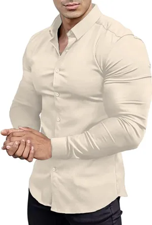 Mens Muscle Fit Dress Shirts Athletic Slim Fit Long Sleeve Stretch Casual Button Down Shirt