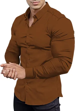 Mens Muscle Fit Dress Shirts Athletic Slim Fit Long Sleeve Stretch Casual Button Down Shirt