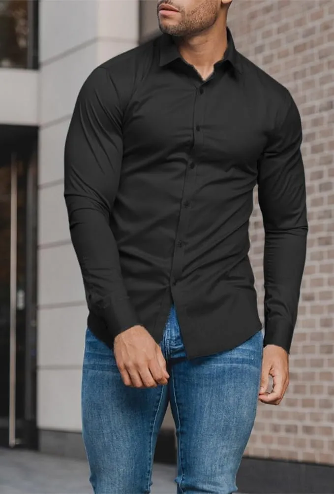 Mens Muscle Fit Dress Shirts Athletic Slim Fit Long Sleeve Stretch Casual Button Down Shirt