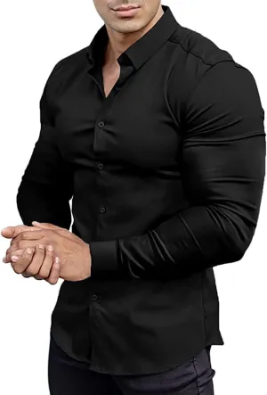 Mens Muscle Fit Dress Shirts Athletic Slim Fit Long Sleeve Stretch Casual Button Down Shirt