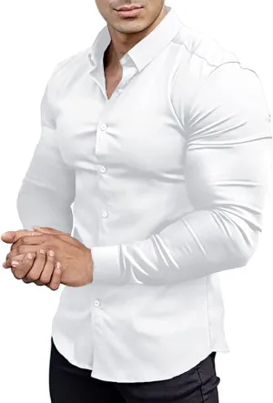 Mens Muscle Fit Dress Shirts Athletic Slim Fit Long Sleeve Stretch Casual Button Down Shirt