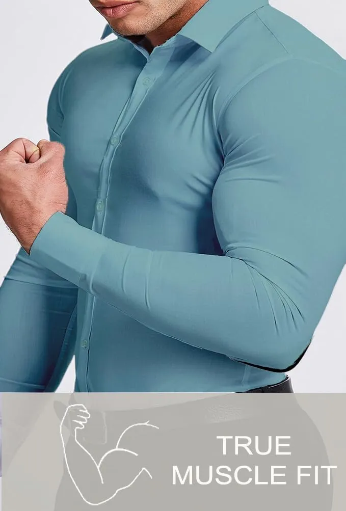 Mens Muscle Fit Dress Shirts Athletic Slim Fit Long Sleeve Stretch Casual Button Down Shirt