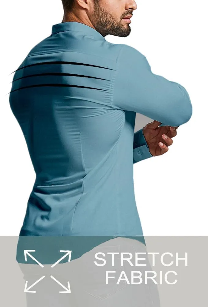Mens Muscle Fit Dress Shirts Athletic Slim Fit Long Sleeve Stretch Casual Button Down Shirt
