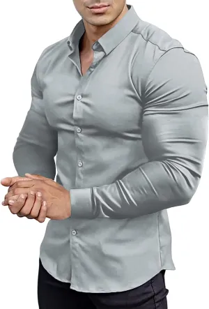 Mens Muscle Fit Dress Shirts Athletic Slim Fit Long Sleeve Stretch Casual Button Down Shirt