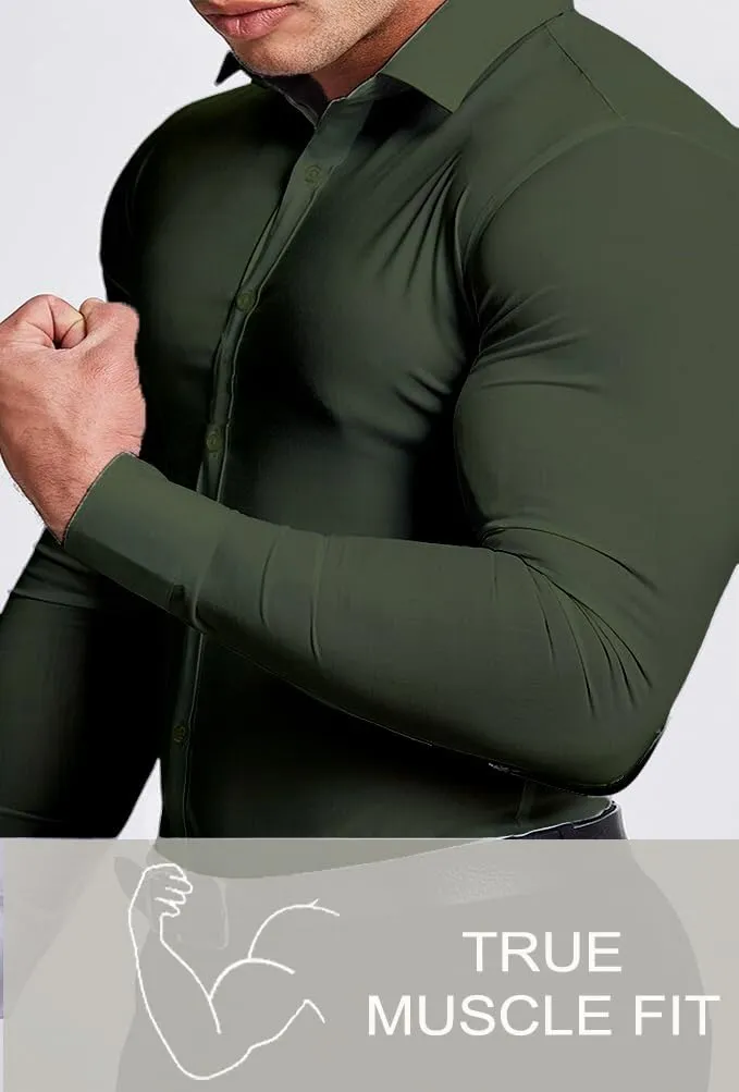 Mens Muscle Fit Dress Shirts Athletic Slim Fit Long Sleeve Stretch Casual Button Down Shirt