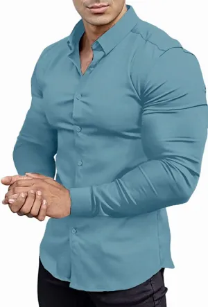 Mens Muscle Fit Dress Shirts Athletic Slim Fit Long Sleeve Stretch Casual Button Down Shirt