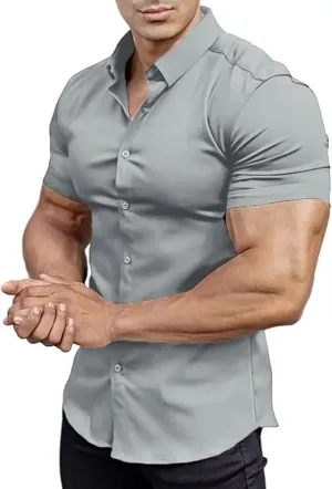 Mens Muscle Fit Dress Shirts Athletic Slim Fit Short Sleeve Stretch Casual Button Down Shirt