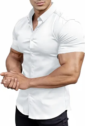 Mens Muscle Fit Dress Shirts Athletic Slim Fit Short Sleeve Stretch Casual Button Down Shirt