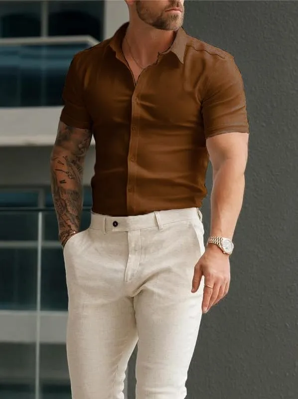 Mens Muscle Fit Dress Shirts Athletic Slim Fit Short Sleeve Stretch Casual Button Down Shirt
