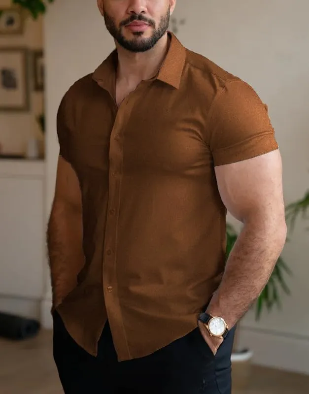 Mens Muscle Fit Dress Shirts Athletic Slim Fit Short Sleeve Stretch Casual Button Down Shirt