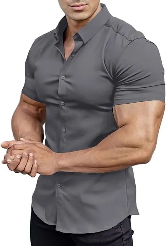 Mens Muscle Fit Dress Shirts Athletic Slim Fit Short Sleeve Stretch Casual Button Down Shirt