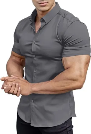 Mens Muscle Fit Dress Shirts Athletic Slim Fit Short Sleeve Stretch Casual Button Down Shirt