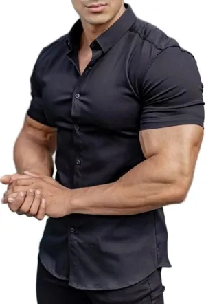 Mens Muscle Fit Dress Shirts Athletic Slim Fit Short Sleeve Stretch Casual Button Down Shirt