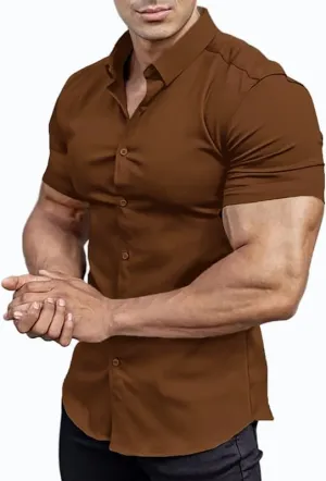 Mens Muscle Fit Dress Shirts Athletic Slim Fit Short Sleeve Stretch Casual Button Down Shirt
