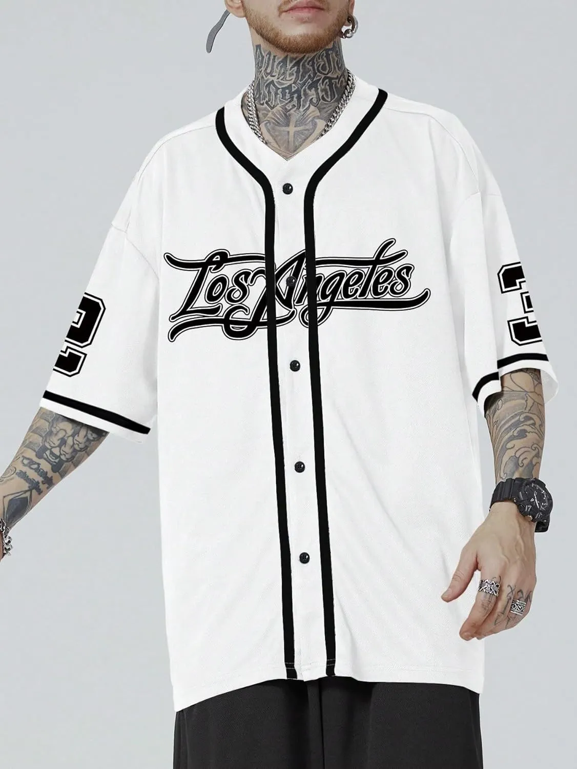 Men's Oversized Jersey Shirts Number Graphic Half Sleeve Button Down Baggy T-Shirt