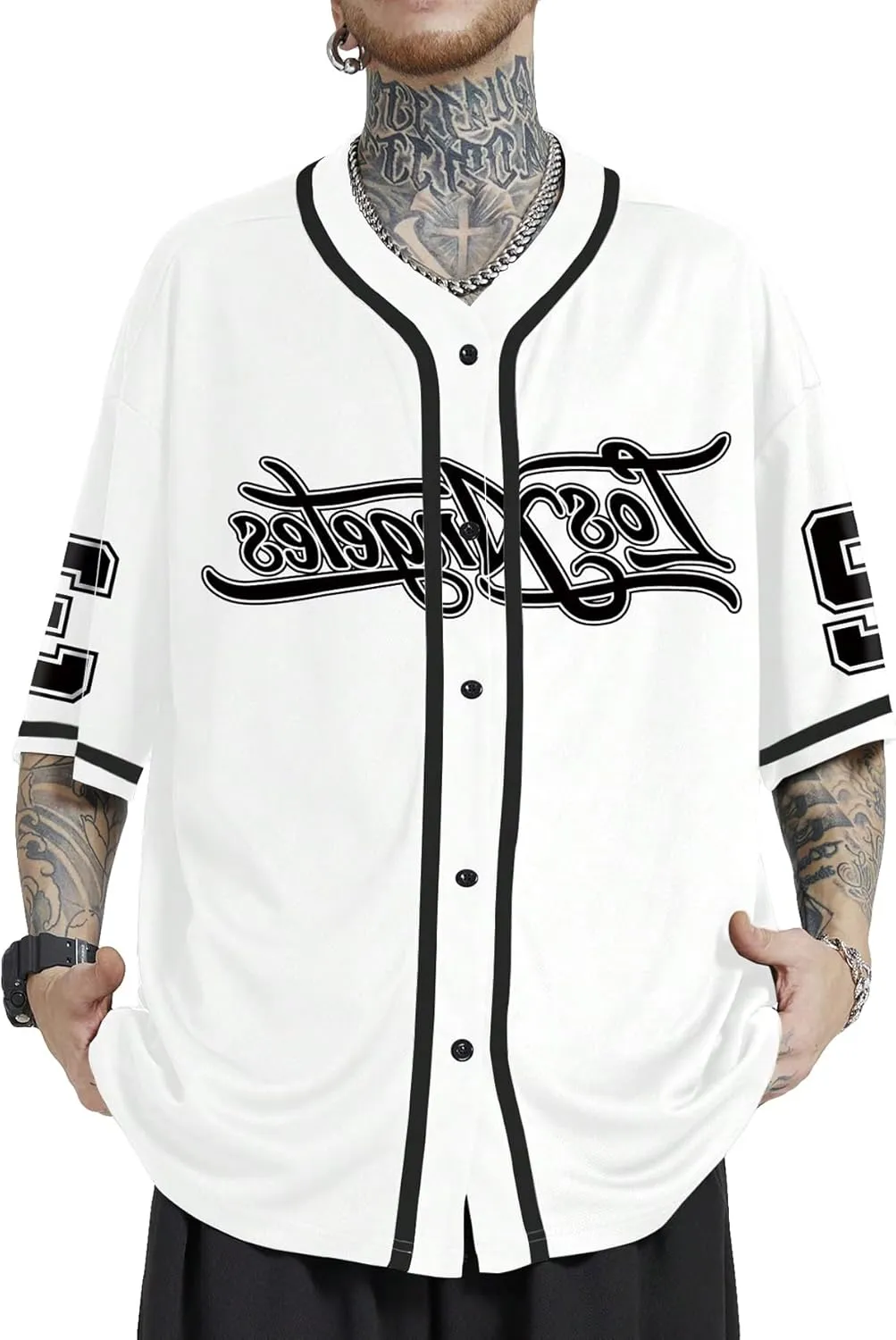 Men's Oversized Jersey Shirts Number Graphic Half Sleeve Button Down Baggy T-Shirt