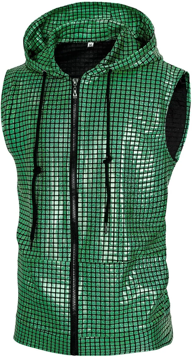 Men's Sequins Sleeveless Hooded Vest Disco Zippered Shirts 70s Disco Party Costume