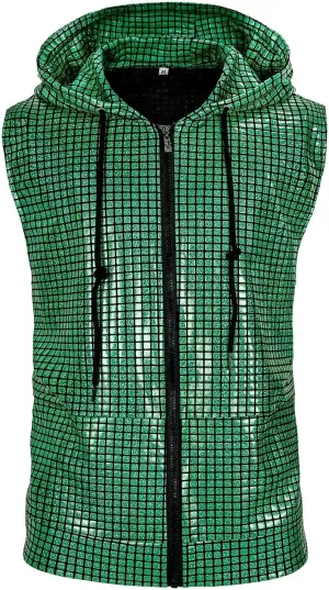 Men's Sequins Sleeveless Hooded Vest Disco Zippered Shirts 70s Disco Party Costume