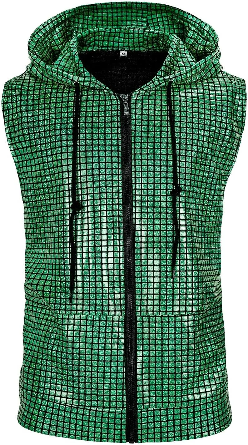 Men's Sequins Sleeveless Hooded Vest Disco Zippered Shirts 70s Disco Party Costume