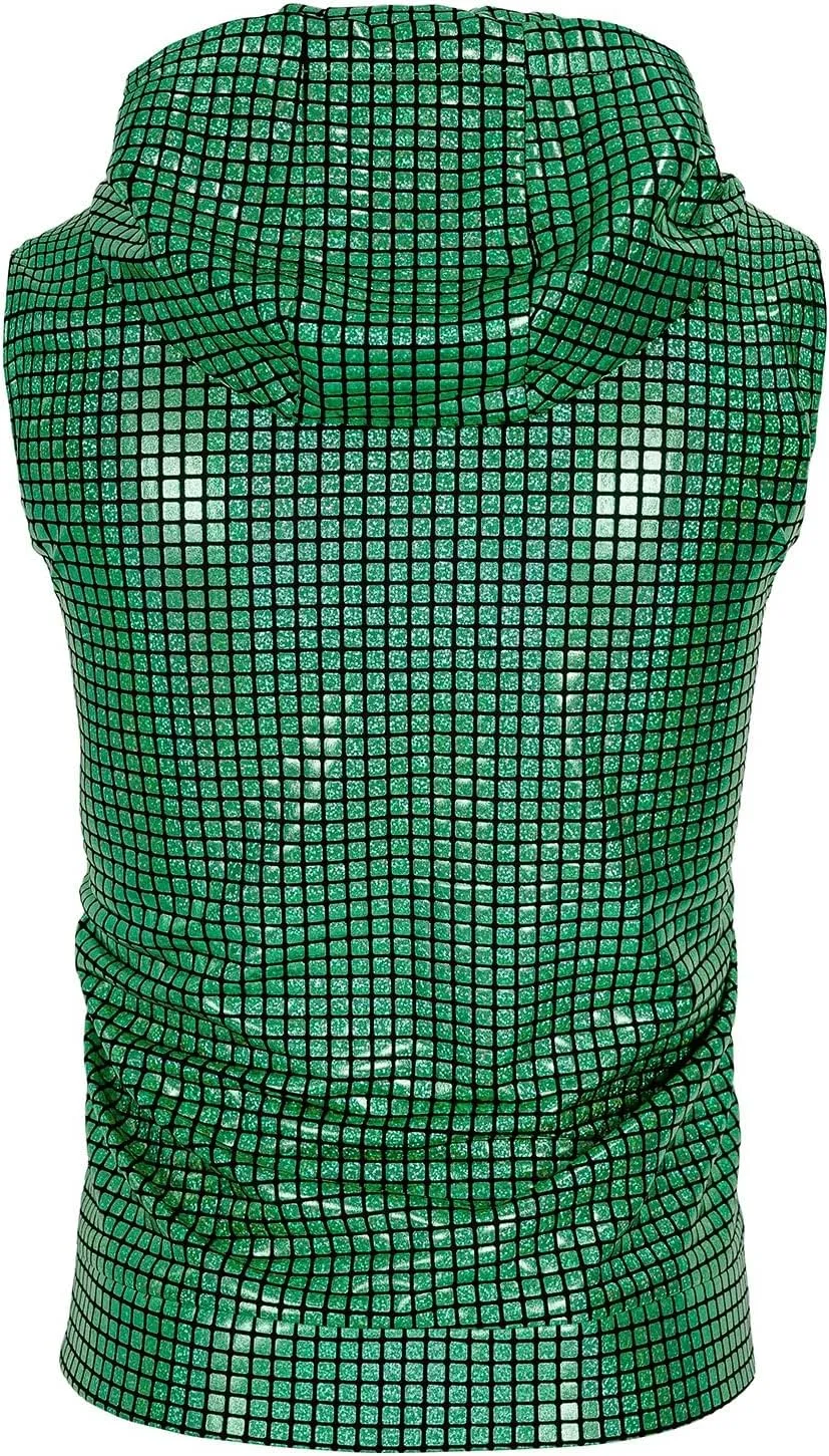 Men's Sequins Sleeveless Hooded Vest Disco Zippered Shirts 70s Disco Party Costume