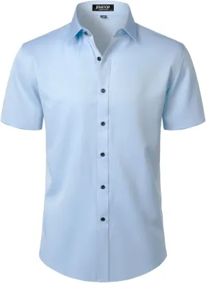 Men's Stretch Wrinkle Free Dress Shirts Formal Wedding Prom Short Sleeve Slim Fit Button Down Shirt
