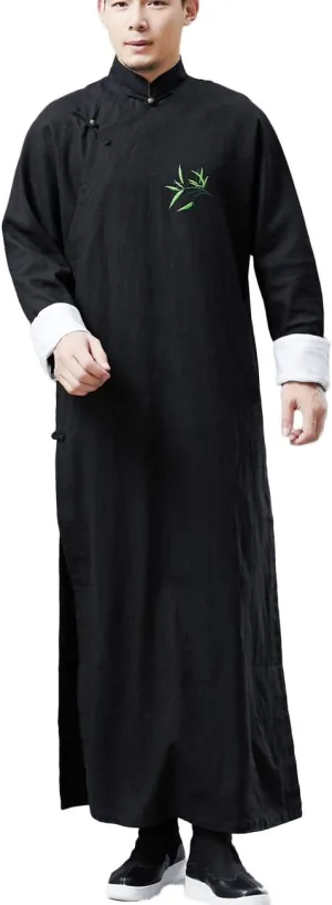 Men's Trench Coat Spring Autumn Long Jacket Kung Fu Linen Overcoat Vintage Chinese Style (MF-6 Black Extended Embroidery, XL)