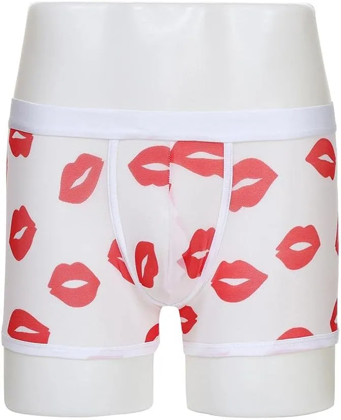 Mens Underwear Men's Sexy Mesh Underwear Hot Lip Transparent Lingerie Boxer Briefs Valentine's Day Men's Underwear