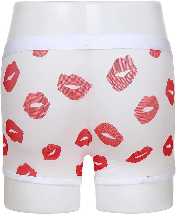 Mens Underwear Men's Sexy Mesh Underwear Hot Lip Transparent Lingerie Boxer Briefs Valentine's Day Men's Underwear