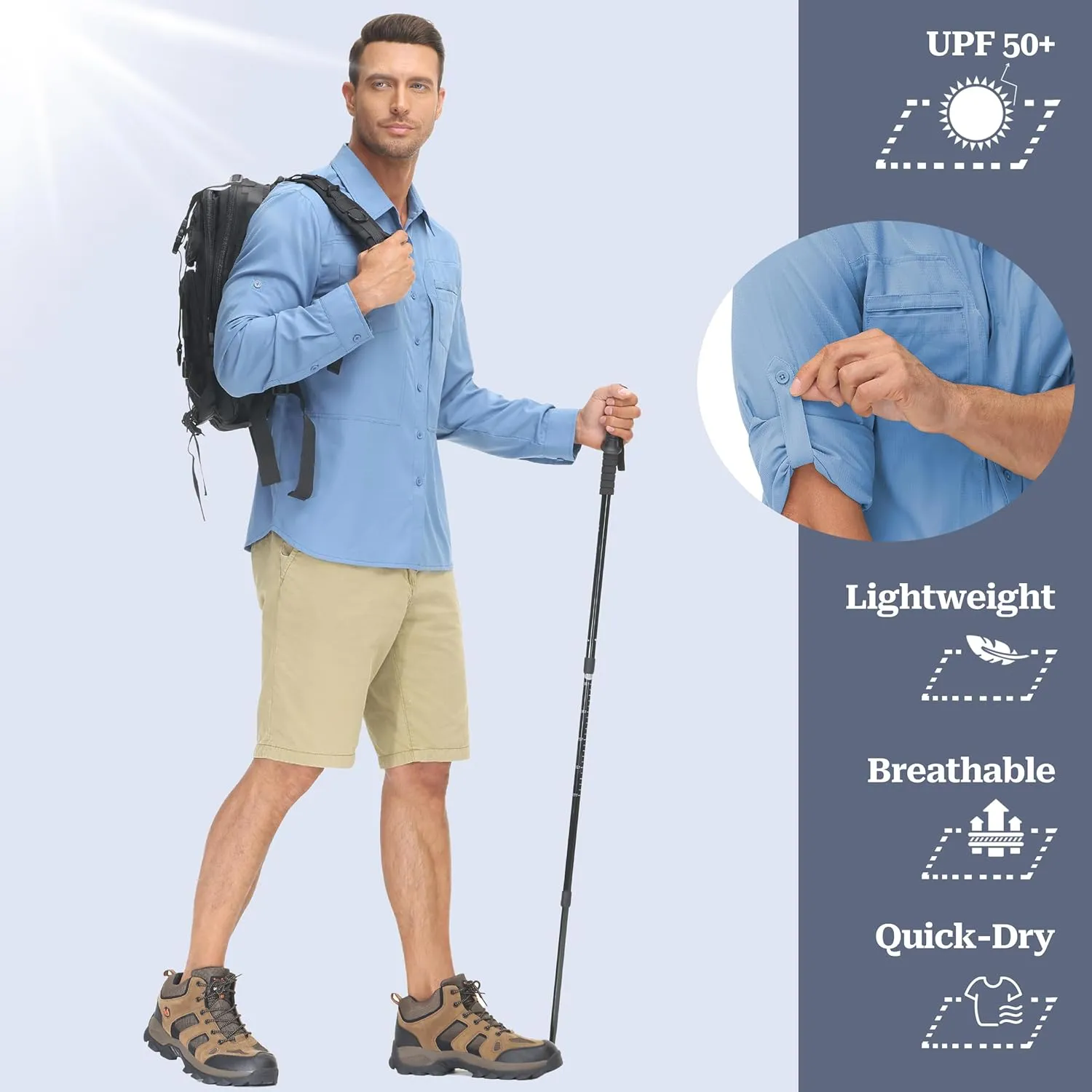 Men's UPF 50  Sun Protection Fishing Shirts Long Sleeve Lightweight Hiking Travel Work Button Down Shirt Zipper Pocket