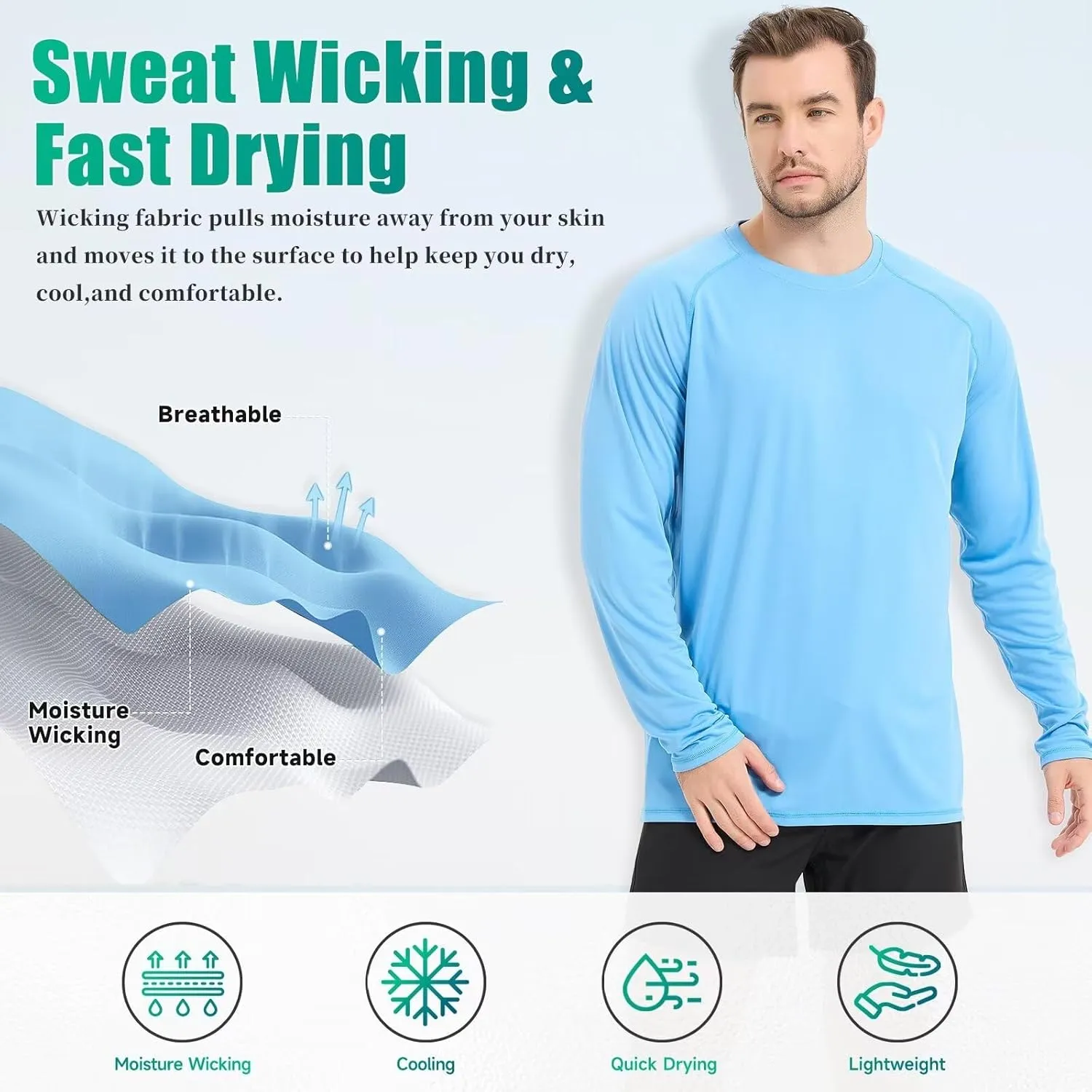 Mens UV Sun Protection Shirts UPF 50 Long Sleeve Rash Guard SPF Outdoor Hiking Running Fishing Shirt Lightweight