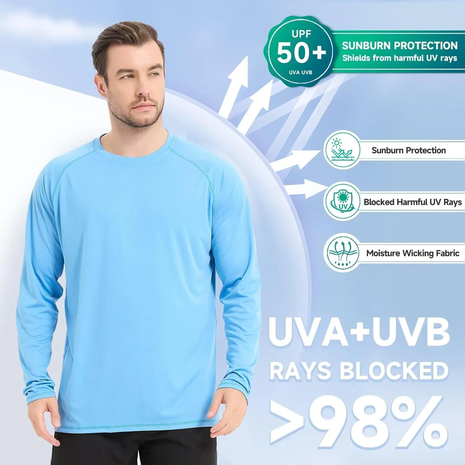 Mens UV Sun Protection Shirts UPF 50 Long Sleeve Rash Guard SPF Outdoor Hiking Running Fishing Shirt Lightweight
