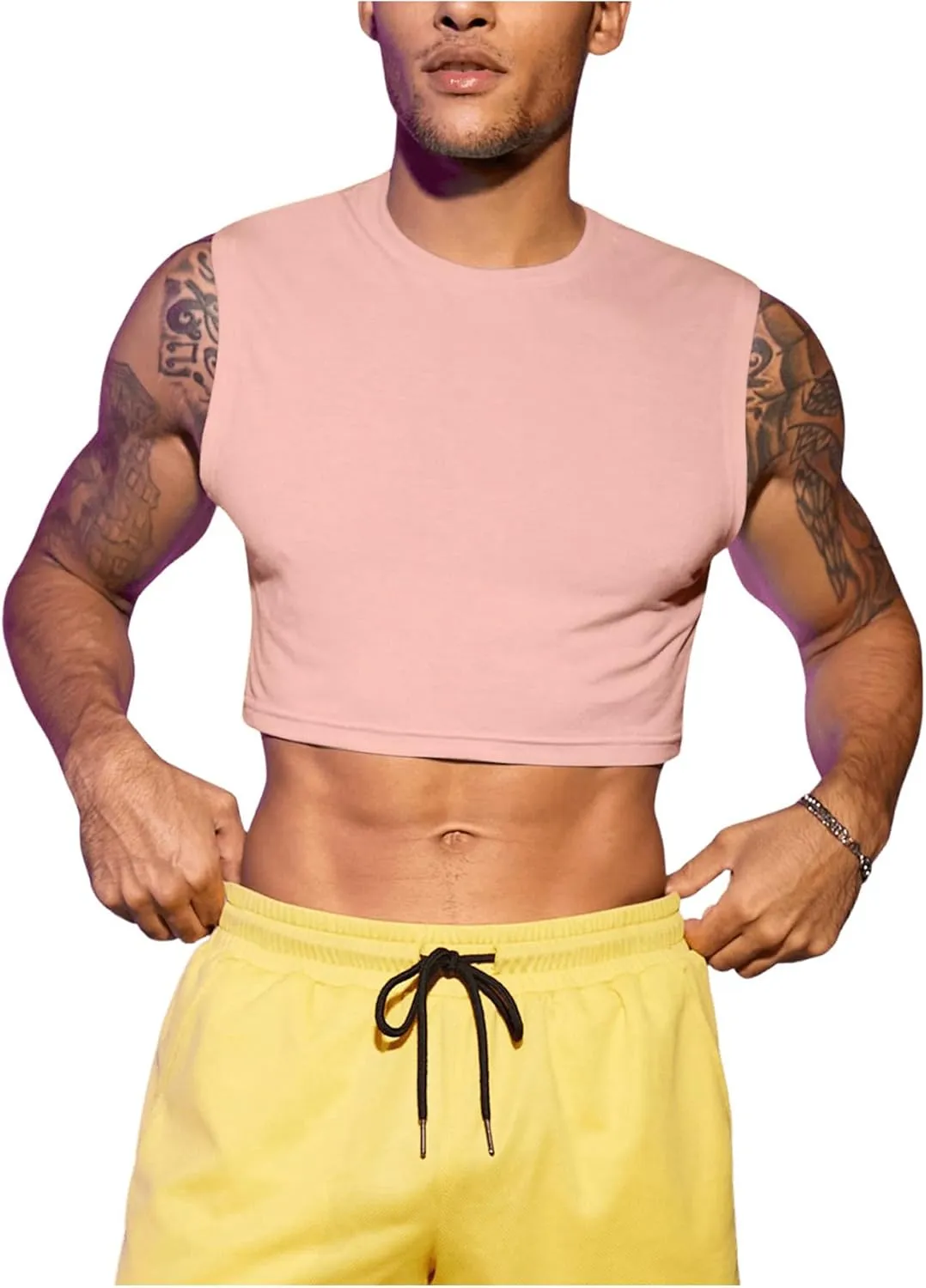 Milumia Men's Casual Round Neck Sleeveless Crop Tank Tops Muscle Shirts Streetwear