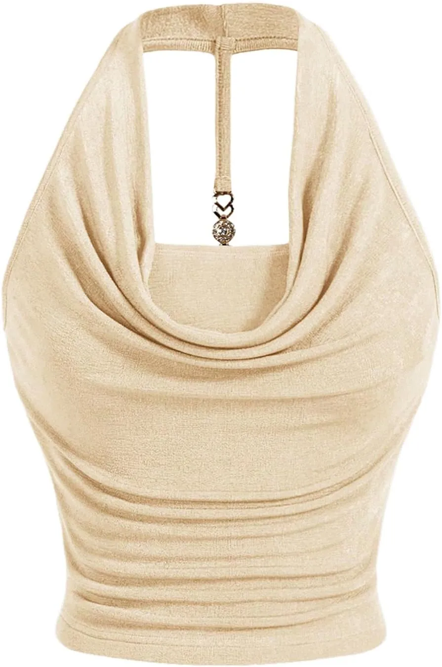 Milumia Women Ruched Halter Y2k Crop Tops Backless Cowl Neck Sleeveless Shirts