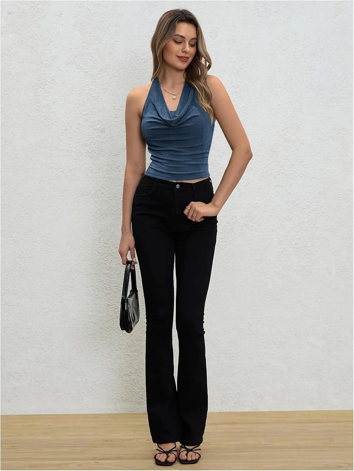 Milumia Women Ruched Halter Y2k Crop Tops Backless Cowl Neck Sleeveless Shirts