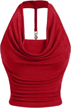 Milumia Women Ruched Halter Y2k Crop Tops Backless Cowl Neck Sleeveless Shirts