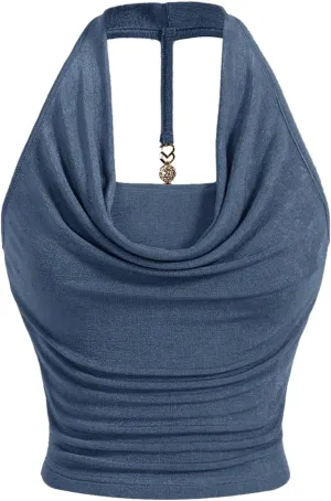 Milumia Women Ruched Halter Y2k Crop Tops Backless Cowl Neck Sleeveless Shirts