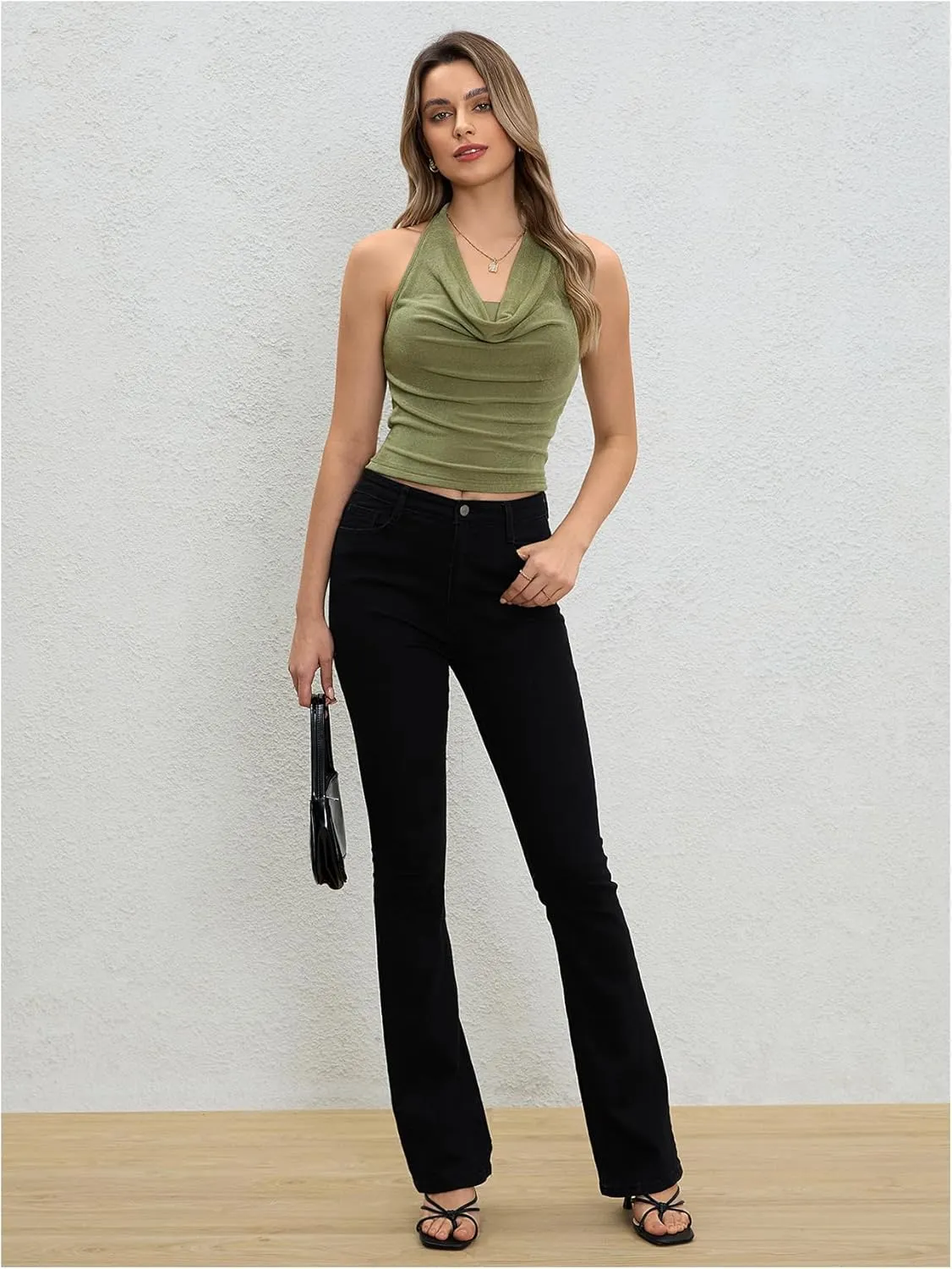 Milumia Women Ruched Halter Y2k Crop Tops Backless Cowl Neck Sleeveless Shirts