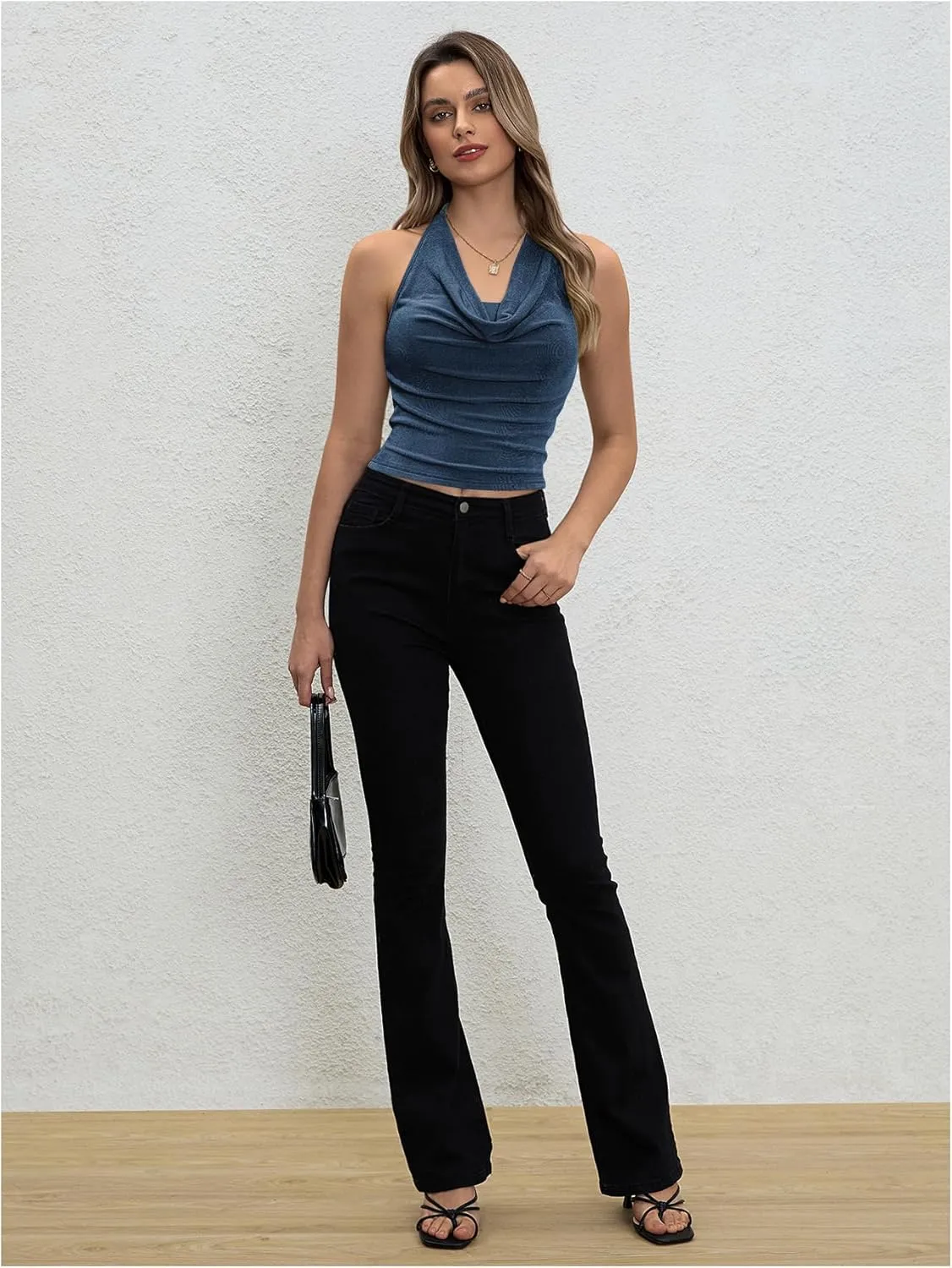 Milumia Women Ruched Halter Y2k Crop Tops Backless Cowl Neck Sleeveless Shirts