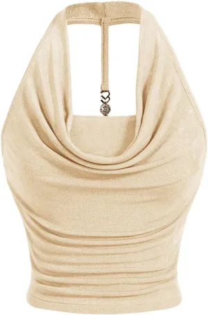 Milumia Women Ruched Halter Y2k Crop Tops Backless Cowl Neck Sleeveless Shirts