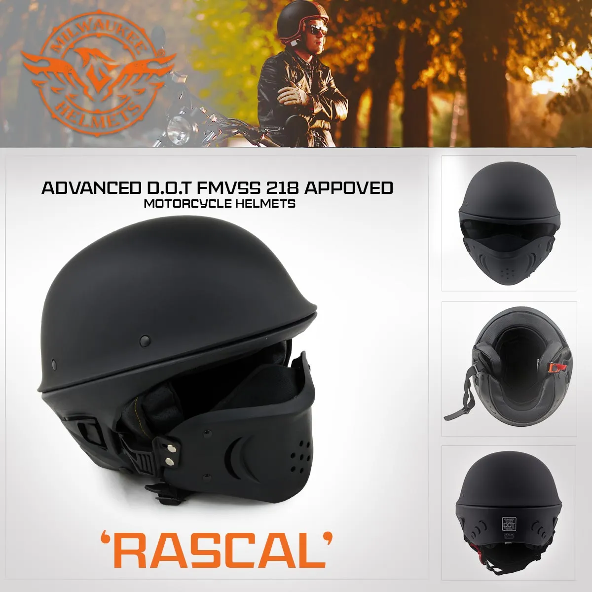Milwaukee Helmets MPH9831DOT 'Rascal' 3/4 Open Face Gloss Black 2 in 1