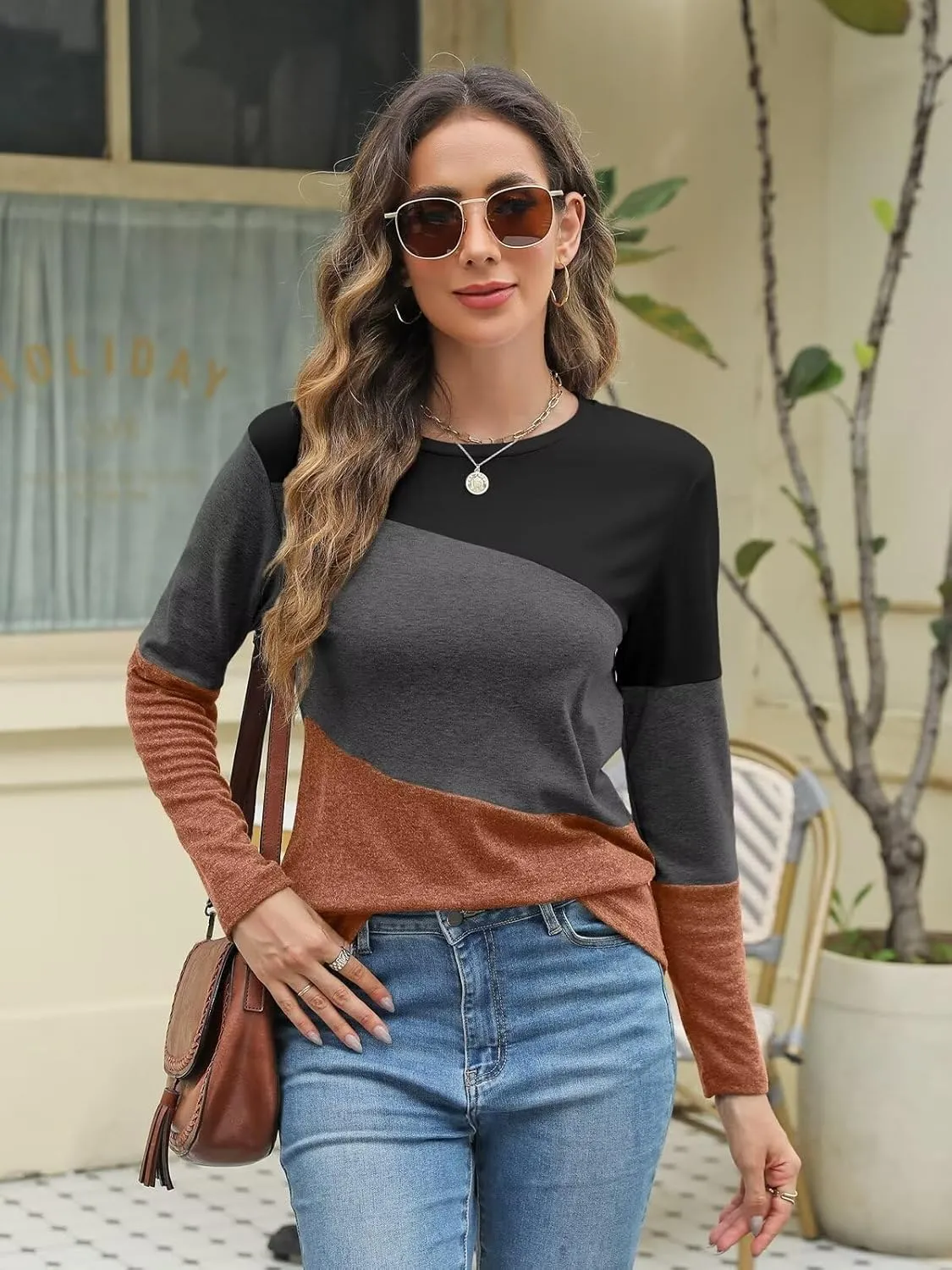 Minetom Women's Color Block Tops Casual Long Sleeve Tunic Round Neck Pullover Shirts