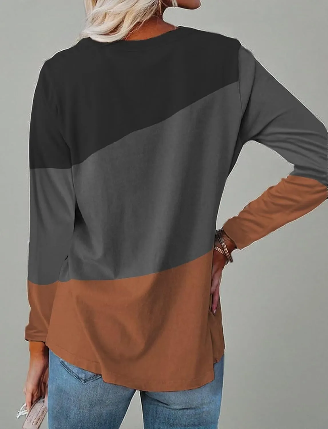 Minetom Women's Color Block Tops Casual Long Sleeve Tunic Round Neck Pullover Shirts