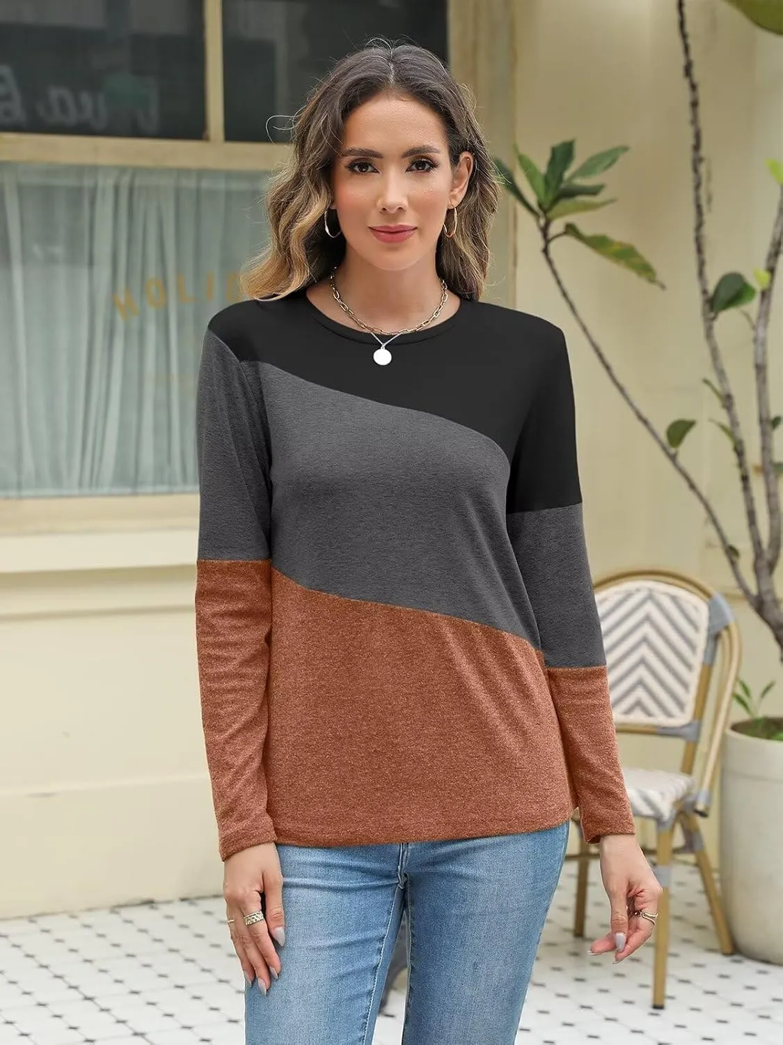Minetom Women's Color Block Tops Casual Long Sleeve Tunic Round Neck Pullover Shirts
