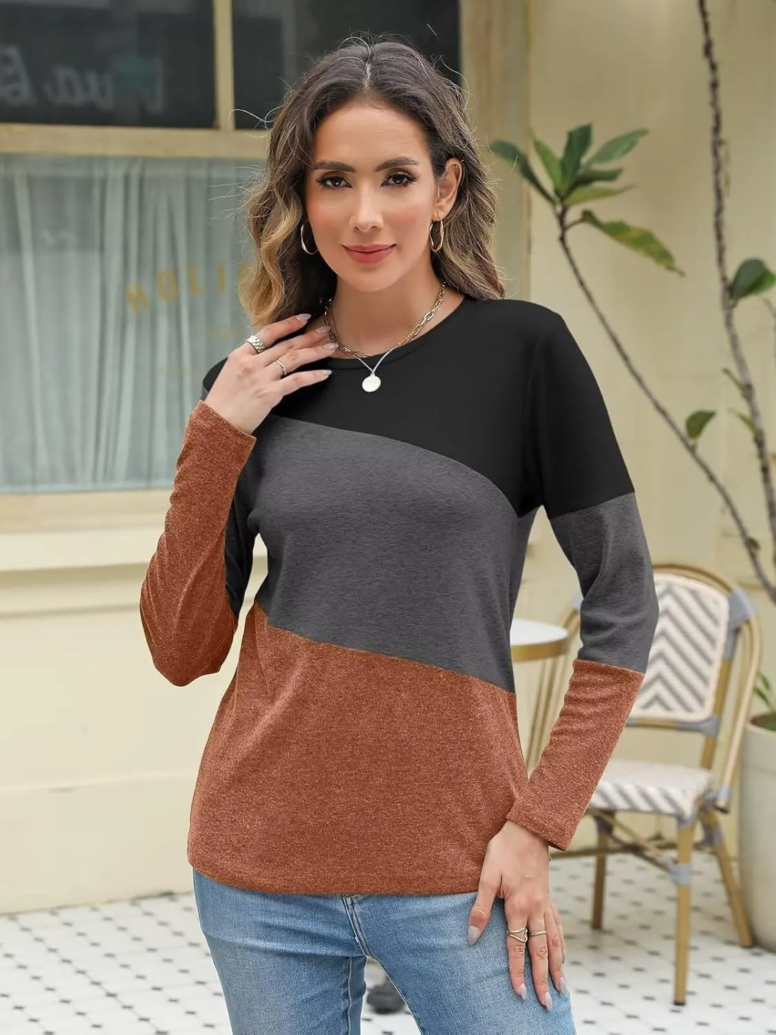Minetom Women's Color Block Tops Casual Long Sleeve Tunic Round Neck Pullover Shirts